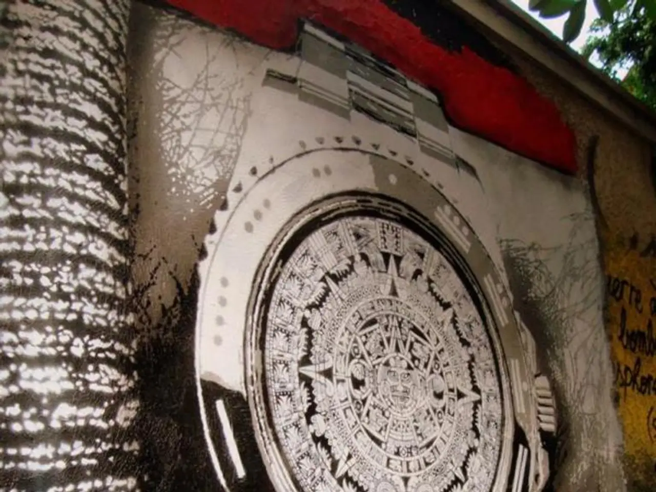 In this image there is a painting on the wall on which we can see there is a watch with some...