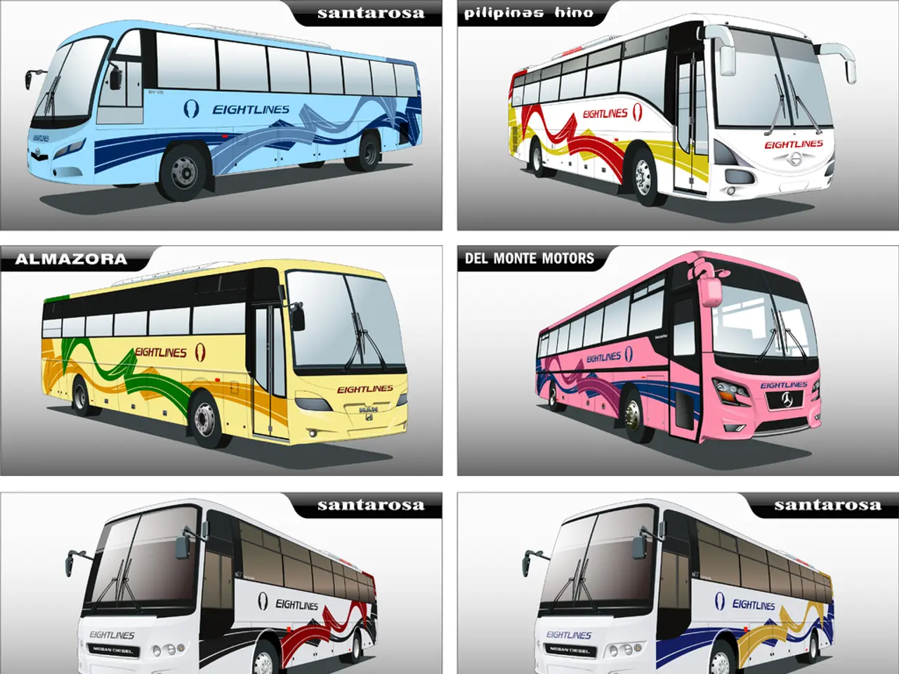 In this image I can see six buses on the road and a text. This image looks like an edited photo.