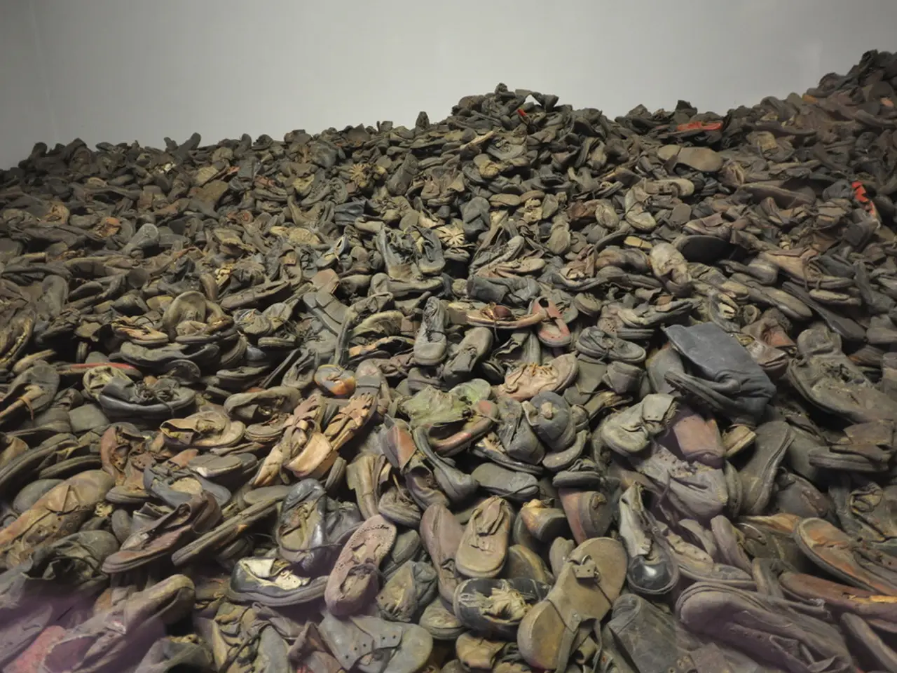 In this image there are a group of shoes, and in the background it looks like a wall and some...
