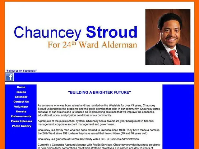 In this image I can see a title and some text with a photograph of a person on the right hand side,...