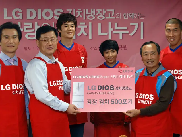 In the image there are a group of men collectively holding a card that belongs to LG company and...
