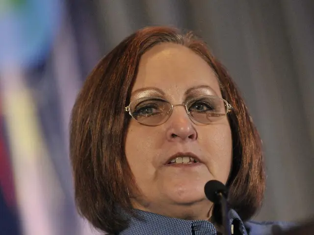 In this image we can see a woman talking using a mic.