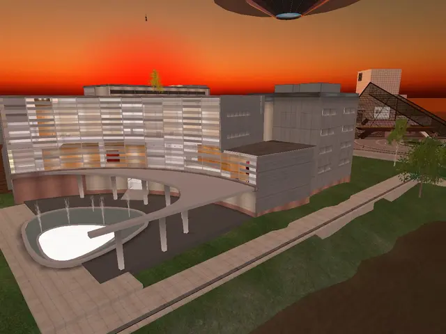 This is an animated picture we can see there are buildings, trees and a sky.