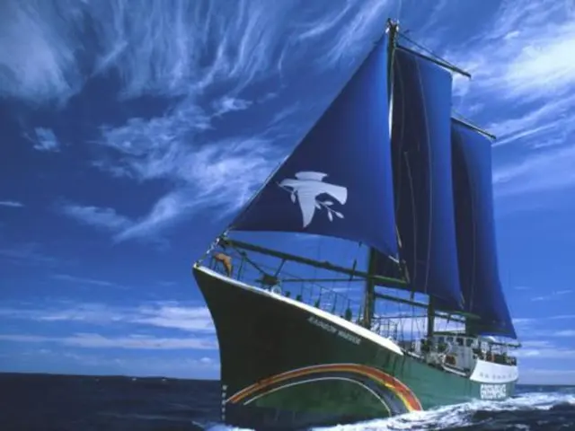 In this image, we can see a ship on the water, at the top there is a blue sky.