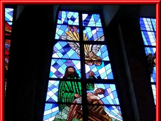 In this image there is glass painting on the window glass.