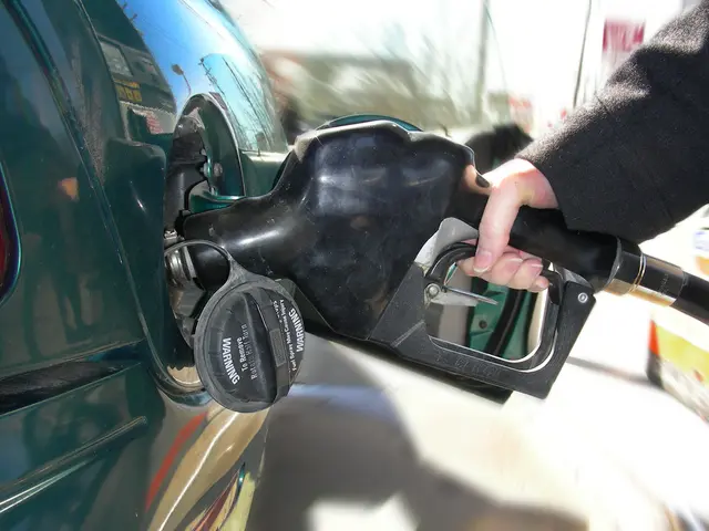 In the foreground of this picture, there is a person holding a petrol pump pipe and filling it in...
